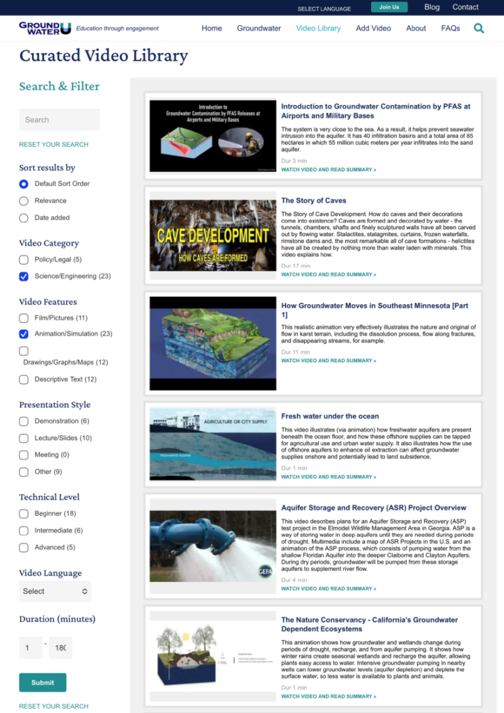GroundwaterU curated video library page showing a video titled 'Introduction to Groundwater Contamination by PFAS at Airports and Military Bases